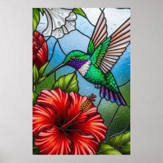 Glass Patchwork Hummingbird Garden Floral Mosaic ポスター