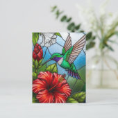 Glass Patchwork Hummingbird Garden Floral Mosaic ポストカード (スタンド正面)