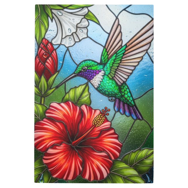 Glass Patchwork Hummingbird Garden Floral Mosaic メタルプリント (正面)