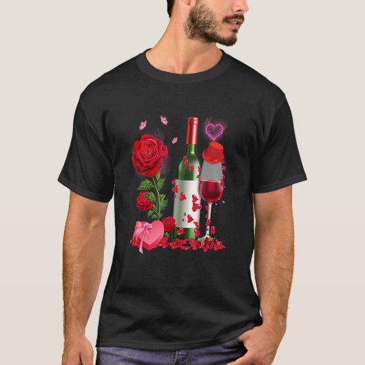 Glasses Wine Rose Heart Funny Couple Valentines Da Tシャツ (正面)