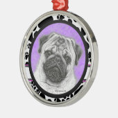 Glenda Harlanによるパグドッグアートクリスマスオーナメント メタルオーナメント (左)