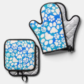 Glenda S. Harlanによる青い背景の犬の足 鍋つかみ&鍋敷きセット (正面/裏面)