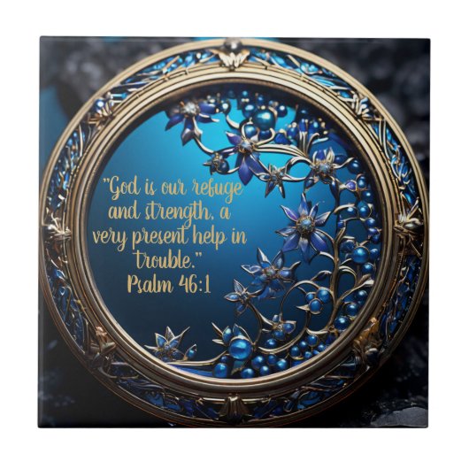 Glistening Blueと金ゴールドバイブル詩のカスタマイズ タイル (正面)