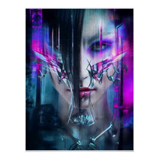 Glitch Cyberpunk Face Neon Distortion Portrait ポスター (正面)