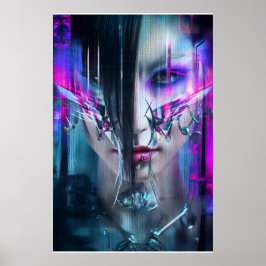 Glitch Cyberpunk Face Neon Distortion Portrait ポスター