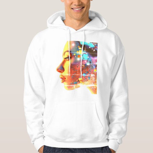 Glitch in Cyborg Woman on a Cozy Long Sleeve White パーカ (正面)