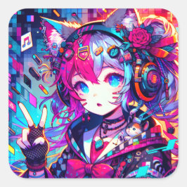 Glitchcoreアニメカラフルアート スクエアシール