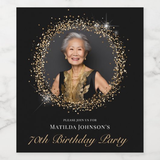 Glitter Black Gold 70th Birthday ワインラベル (シングルラベル)