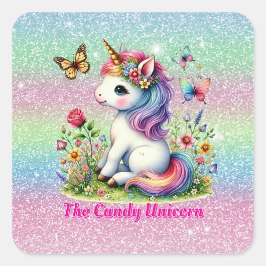 Glitter candy unicorn meadow wildflowers  スクエアシール (正面)