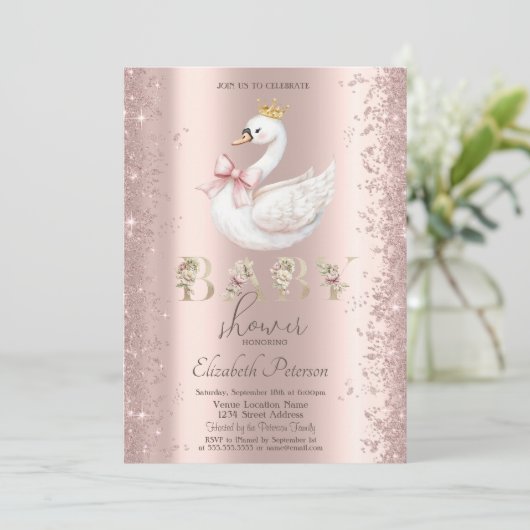 Glitter Confetti Floral Swan Bow Baby Shower 招待状 (スタンド正面)