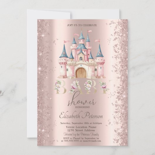 Glitter Confetti Frame Chic Castle Baby Shower 招待状 (正面)
