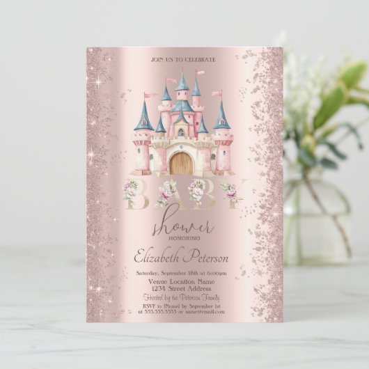 Glitter Confetti Frame Chic Castle Baby Shower 招待状 (スタンド正面)
