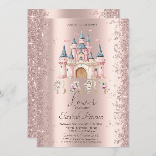 Glitter Confetti Frame Chic Castle Baby Shower 招待状 (正面/裏面)
