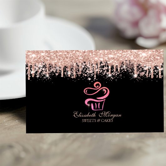 Glitter Cupcake Rose Gold Drips Bakery Black  名刺