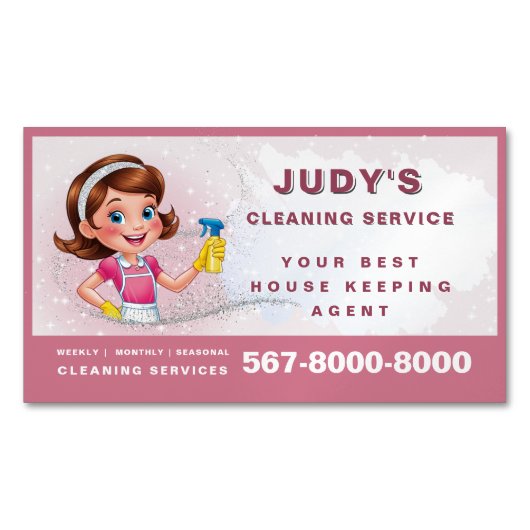 Glitter Cute Cleaning Lady QR code House Keeping マグネット名刺 (正面)