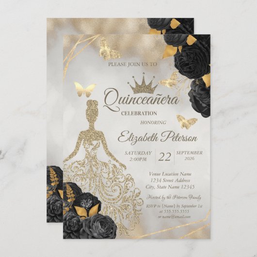 Glitter Dress,Butterfly Black Roses Quinceañera 招待状 (正面/裏面)