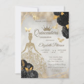 Glitter Dress,Butterfly Black Roses Quinceañera 招待状 (正面)