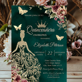 Glitter Dress,Butterfly Floral Green Quinceañera 招待状