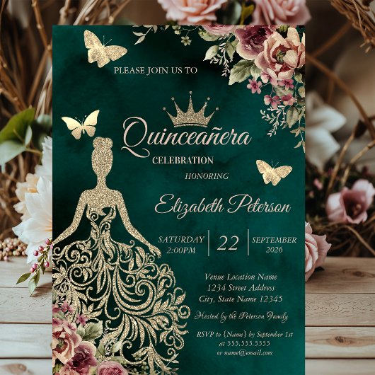 Glitter Dress,Butterfly Floral Green Quinceañera 招待状