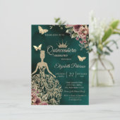Glitter Dress,Butterfly Floral Green Quinceañera 招待状 (スタンド正面)