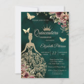 Glitter Dress,Butterfly Floral Green Quinceañera 招待状 (正面)