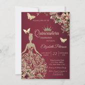 Glitter Dress,Butterfly Floral Red Quinceañera 招待状 (正面)