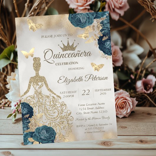 Glitter Dress,Butterfly Green Roses 15th Birthday 招待状