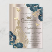 Glitter Dress,Butterfly Green Roses Champagne15th  招待状 (正面/裏面)