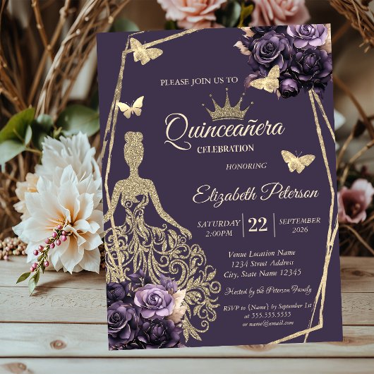 Glitter Dress,Butterfly Purple Roses Quinceañera 招待状