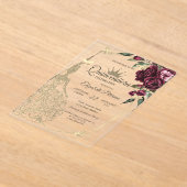 Glitter Dress,Butterfly Roses Burgundy Quinceañera アクリル招待状 (レイダウン)