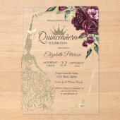 Glitter Dress,Butterfly Roses Burgundy Quinceañera アクリル招待状 (正面)