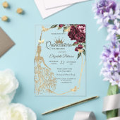 Glitter Dress,Butterfly Roses Burgundy Quinceañera アクリル招待状 (インサイチュ (ウェディング))