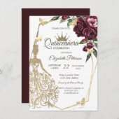 Glitter Dress,Butterfly Roses Burgundy Quinceañera 招待状 (正面/裏面)