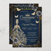 Glitter Dress,Butterfly Roses Navy BlueQuinceañera 招待状 (正面/裏面)