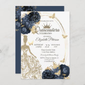 Glitter Dress,Butterfly Roses Navy BlueQuinceañera 招待状 (正面/裏面)