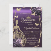 Glitter Dress,Butterfly Violet Roses Quinceañera 招待状 (正面)