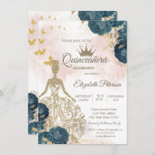 Glitter Dress,Gold Butterflies Green Roses 15th  招待状 (正面/裏面)