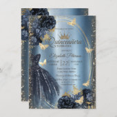 Glitter Dress,Roses,Butterflies Blue Metallic 招待状 (正面/裏面)