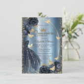 Glitter Dress,Roses,Butterflies Blue Metallic 招待状 (スタンド正面)
