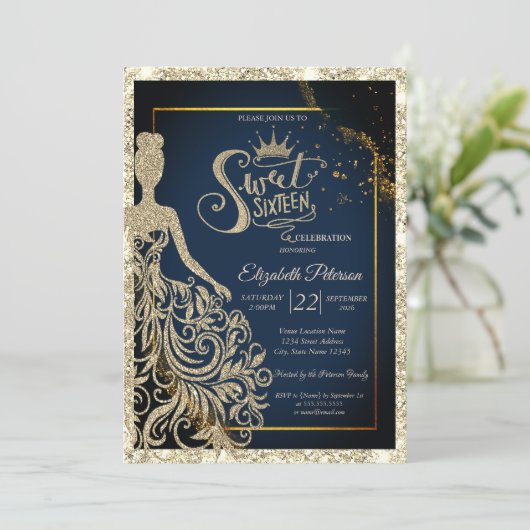 Glitter Dress,Tiara Navy Blue Gold Glitter 招待状 (スタンド正面)