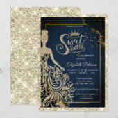 Glitter Dress,Tiara Navy Blue Gold Glitter 招待状 (正面/裏面)