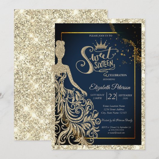 Glitter Dress,Tiara Navy Blue Gold Glitter 招待状 (正面/裏面)