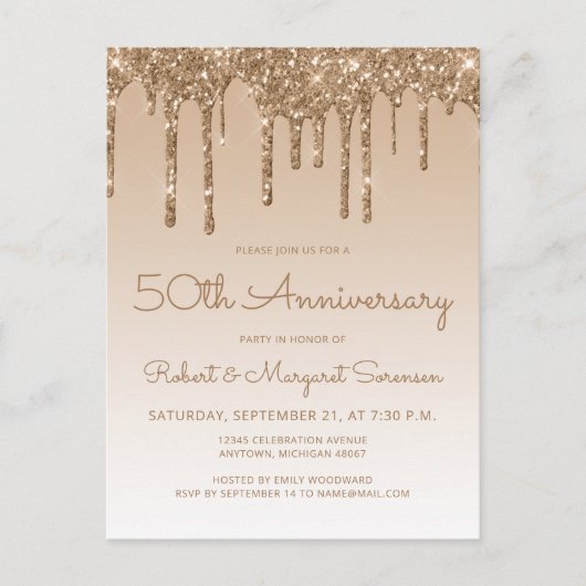 Glitter Drip Gold 50th Anniversary Invitation ポストカード (正面)