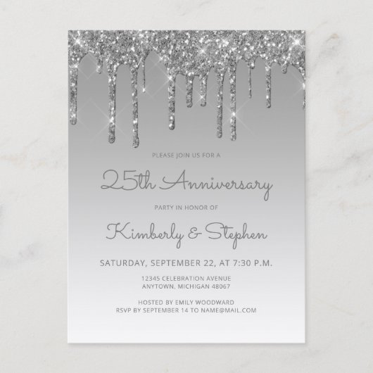 Glitter Drip Silver 25th Anniversary Invitation ポストカード (正面)