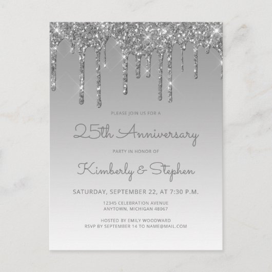 Glitter Drip Silver 25th Anniversary Invitation ポストカード (正面)