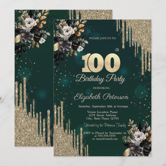 Glitter Drips Black Roses Green 100th Birthday  招待状 (正面/裏面)
