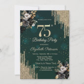 Glitter Drips Black Roses Green 75th Birthday  招待状 (正面)