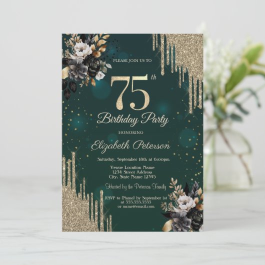 Glitter Drips Black Roses Green 75th Birthday  招待状 (スタンド正面)