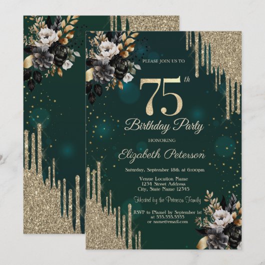 Glitter Drips Black Roses Green 75th Birthday  招待状 (正面/裏面)
