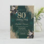 Glitter Drips Black Roses Green 80th Birthday  招待状 (スタンド正面)